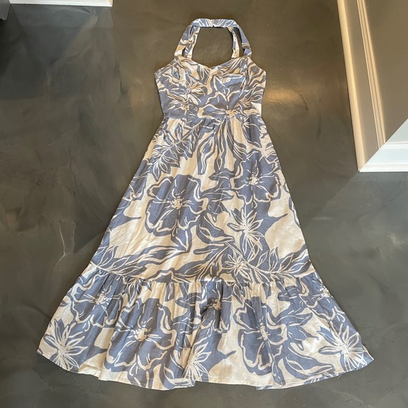 Jessica Simpson Blue White Floral Hawaiian Cami Maxi Dress Linen Sz M Boho Glam - Picture 2 of 8